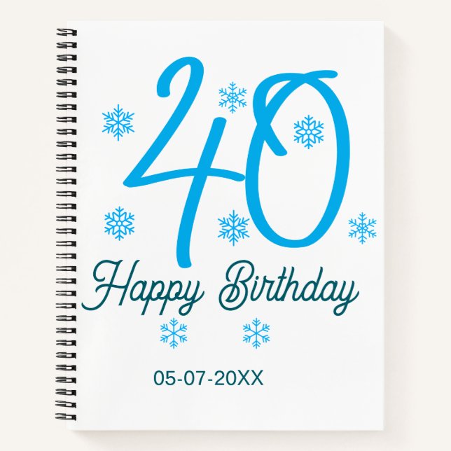40th birthday add name date year blue template notebook (Front)