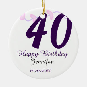40th birthday add name date year purple floral pin ceramic tree decoration