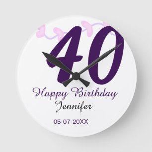 40th birthday add name date year purple floral pin round clock