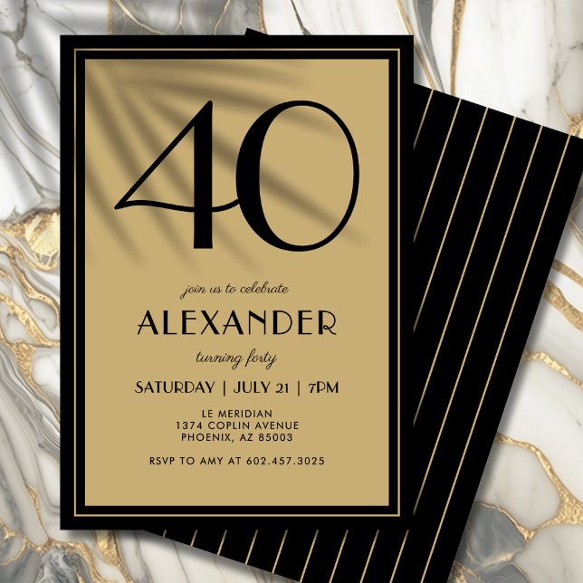 40th Birthday Adult Black and Gold Modern Minimal  Invitation (A timeless black and gold invite that feels modern, elegant, and upscale.)