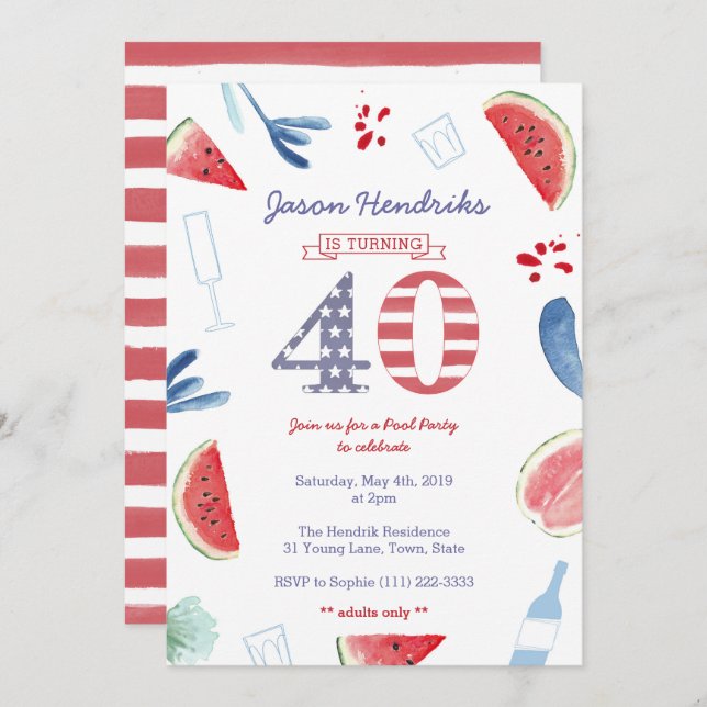 40th Birthday Adults Only Pool Party Cookout Invitation (Front/Back)