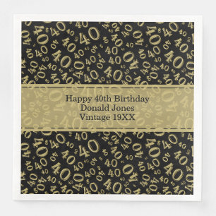 40th Birthday Age Number Pattern Black/Gold Napkin