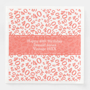 40th Birthday Age Number Pattern Coral/White Napkin