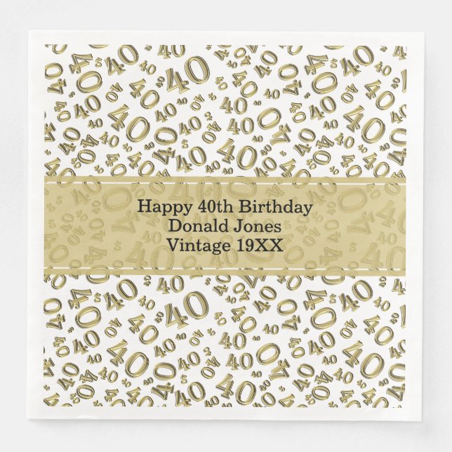 40th Birthday Age Number Pattern Gold/White Napkin (Front)
