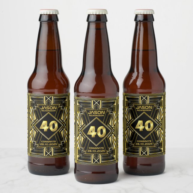 40th Birthday Art Deco Gold Black Great Gatsby Beer Bottle Label (Bottles)