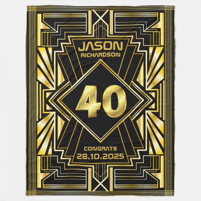40th Birthday Art Deco Gold Black Great Gatsby Fleece Blanket (Front)