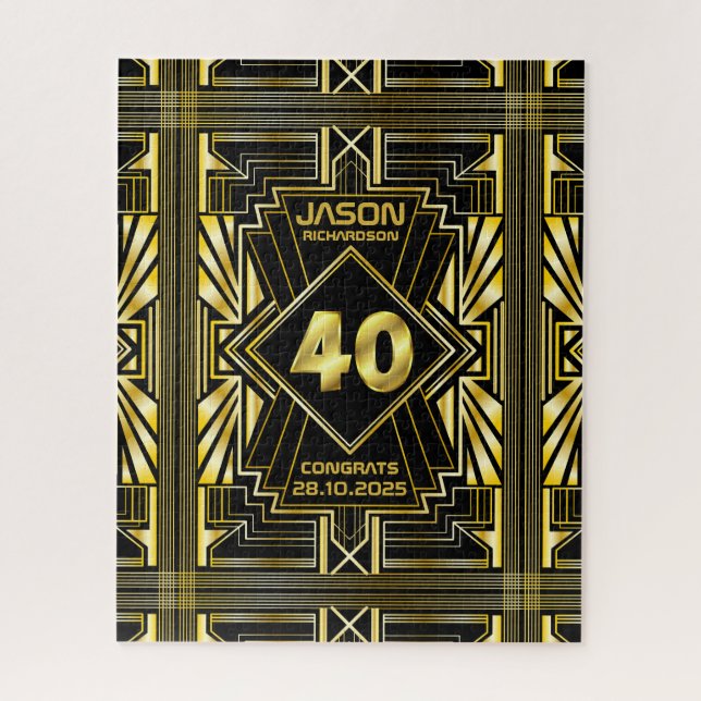 40th Birthday Art Deco Gold Black Great Gatsby Jigsaw Puzzle (Vertical)