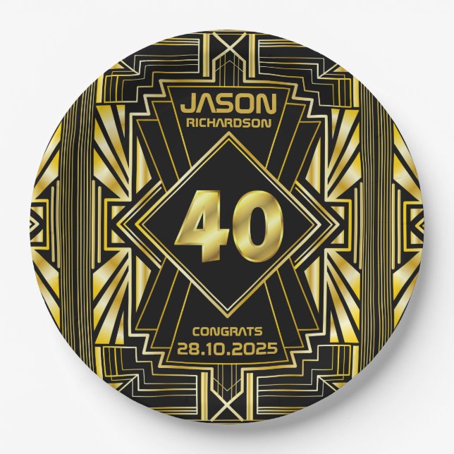 40th Birthday Art Deco Gold Black Great Gatsby Paper Plate (Front)