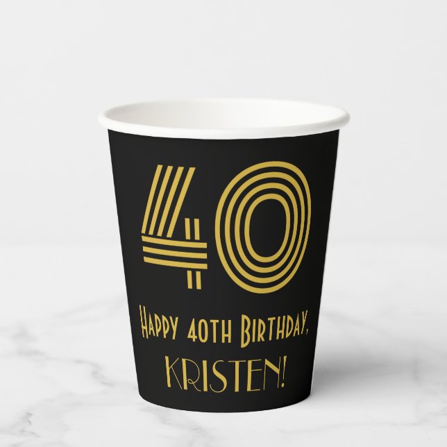 40th Birthday: Art Deco Inspired Look “40” & Name Paper Cups (Back)