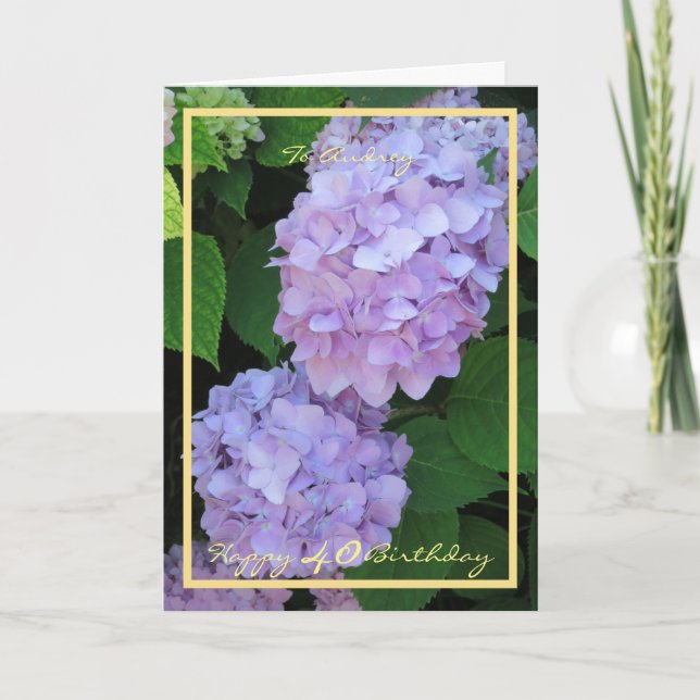 40th Birthday Audrey Hydrangeas Elegant Gold Frame Card (Front)