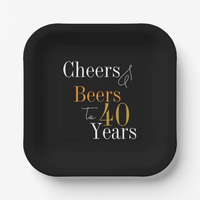 40th Birthday Beers and Cheers Black Gold Party Paper Plate (Front)