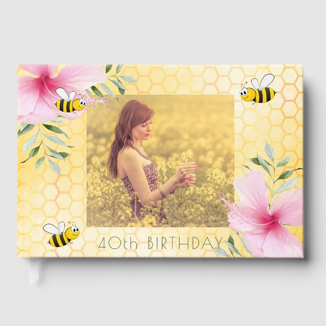 40th birthday bees honeycomb pink floral photo guest book (Front)