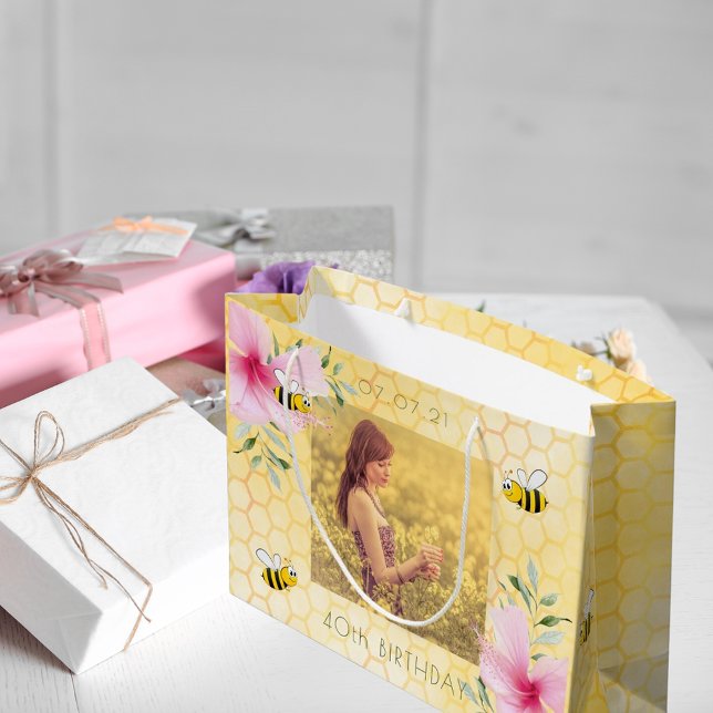 40th birthday bees honeycomb pink florals photo large gift bag (Creator Uploaded)
