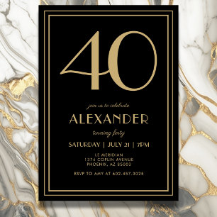 40th Birthday Black and Gold Modern Minimal Adult Invitation
