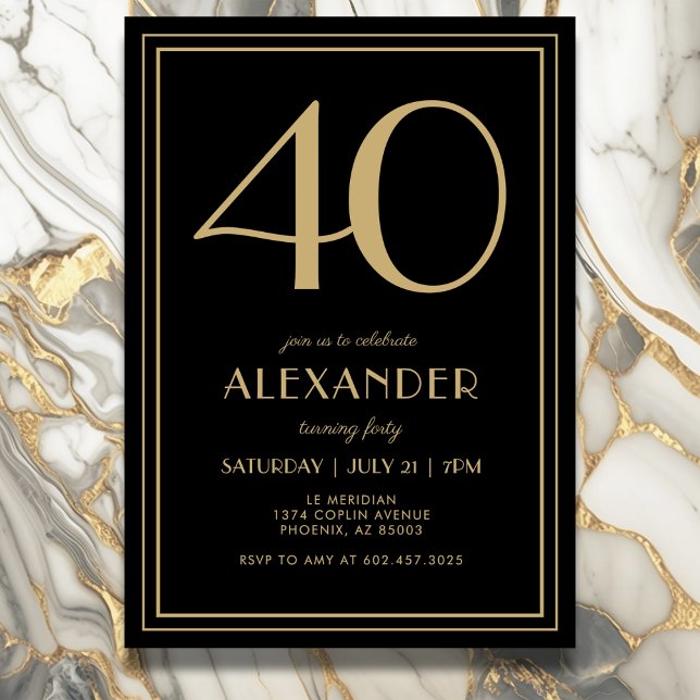 40th Birthday Black and Gold Modern Minimal Adult Invitation (Elegant black and gold 40th birthday invitation design for him or her.)