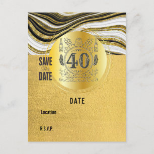 40th Birthday Black and Gold Modern Save the Date Postcard