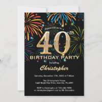 40th Birthday Black and Gold Rainbow Fireworks
