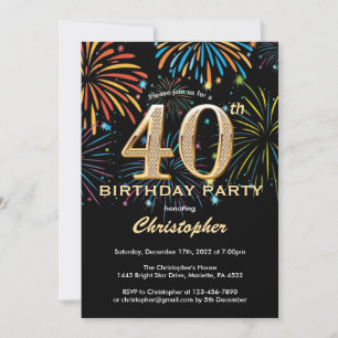 40th Birthday Black and Gold Rainbow Fireworks Invitation