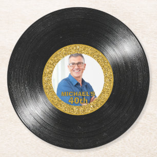 40th Birthday Black and Gold Vinyl Record Paper Round Paper Coaster