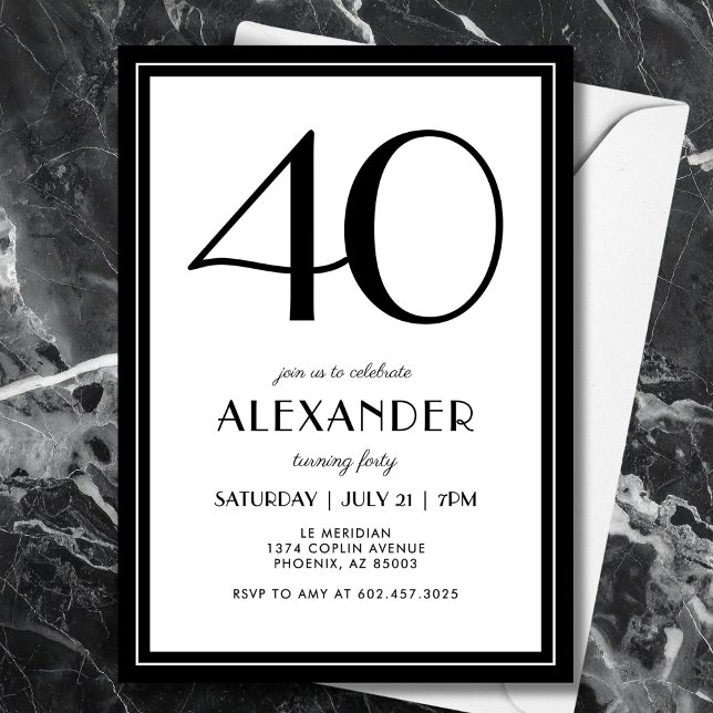 40th Birthday Black and White Modern Minimalist  Invitation (A chic black and white invitation that blends modern minimal design with elegance.)