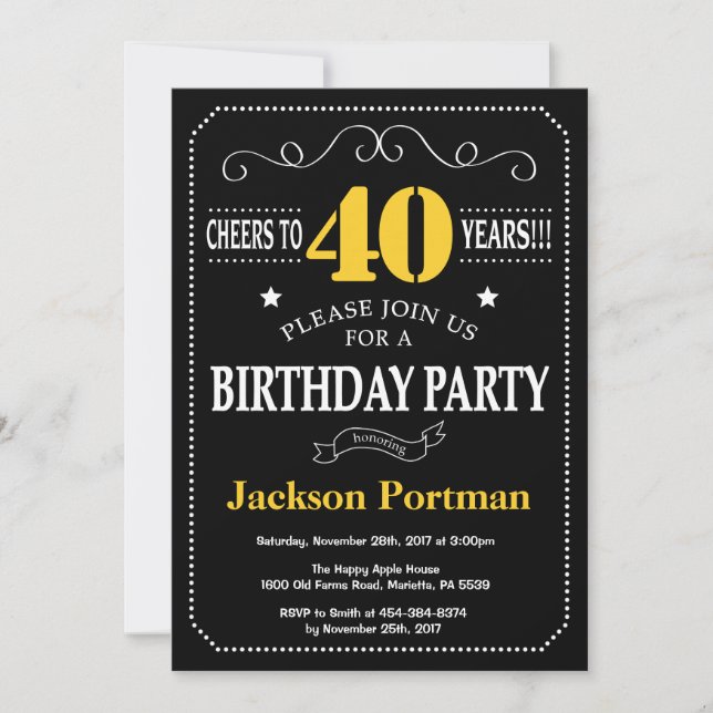 40th Birthday Black and Yellow Chalkboard Invitation (Front)