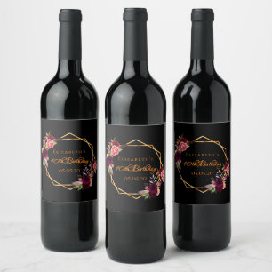 40th birthday black floral gold geometric burgundy wine label