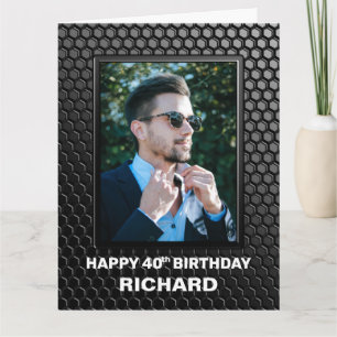 40th Birthday Black Geometric Pattern Custom Photo Card