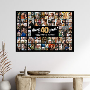 40th Birthday Black Gold 100 Photo Collage Poster