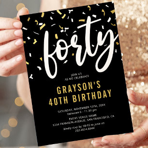 40th Birthday Black Gold Confetti Invitation