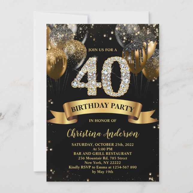 40th Birthday Black Gold Glitter Balloons  Invitation (Front)