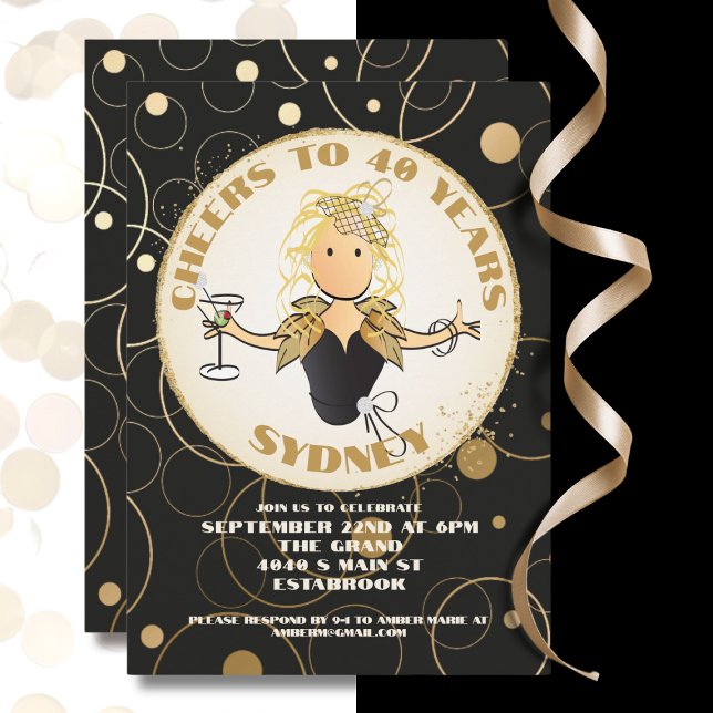 40th Birthday Black Gold Glitter Fabulous Birthday Invitation (Creator Uploaded)
