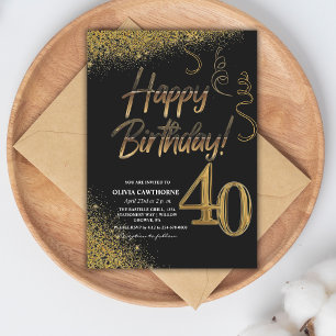 40th Birthday Black & Gold Glitter Modern   Invitation