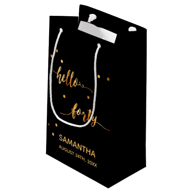 40th birthday black gold hello 40 name script small gift bag (Back Angled)
