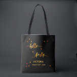 40th birthday black gold hello 40 name script tote bag<br><div class="desc">Elegant and modern for a 40th birthday girl.  Chic black backdrop and faux gold text written with a trendy hand-lettered style script: hello forty. With golden dots as decor. Templates for a name and date,   golden letter.</div>