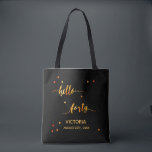40th birthday black gold hello 40 name script tote bag<br><div class="desc">Elegant and modern for a 40th birthday girl.  Chic black backdrop and faux gold text written with a trendy hand-lettered style script: hello forty. With golden dots as decor. Templates for a name and date,   golden letter.</div>