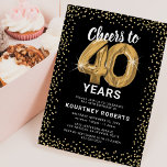 40th Birthday Black Gold Invitation<br><div class="desc">Elegant fortieth birthday party invitation featuring a stylish black background that can be changed to any colour,  gold sparkly glitter,  forty gold hellium balloons,  and a modern 40th birthday celebration text template that is easy to personalise.</div>
