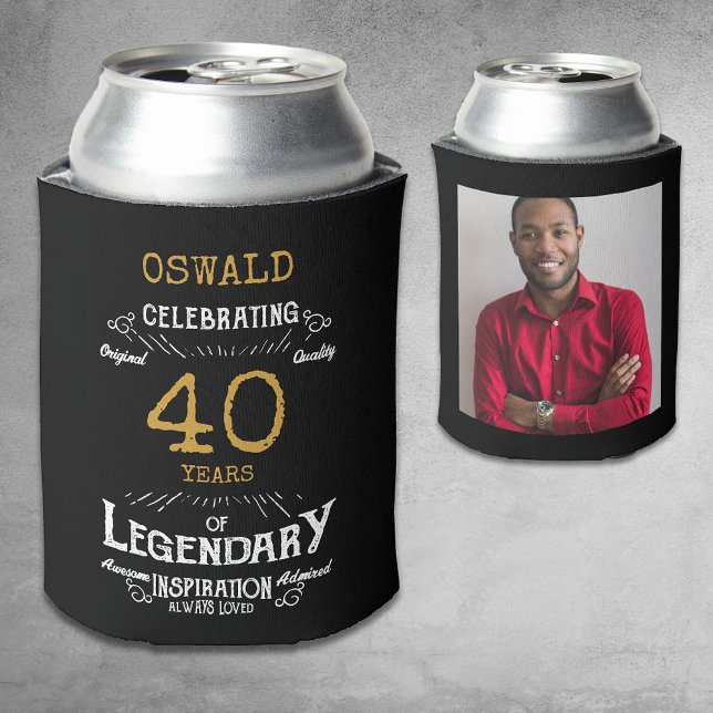 40th Birthday Black Gold  Legendary Photo Can Cooler (A personalized elegant 40th birthday can cooler that is easy to customize)