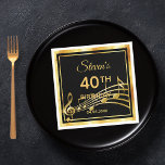40th birthday black gold music name napkin<br><div class="desc">A napkin for an elegant black and gold themed 40th birthday party. Black background colour and a faux gold frame. With classic swirl decor and golden music notes. Templates for a name, age and date of the party. The background is transparent so you can change the colour to match your...</div>
