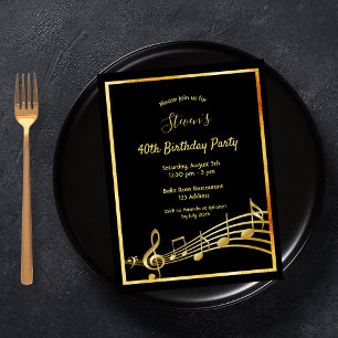 40th birthday black gold music notes invitation postcard