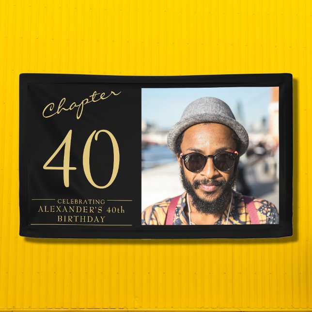 40th Birthday Black Gold Photo Banner (A stylish 40th birthday banner in black and gold with your text and favorite photo.)
