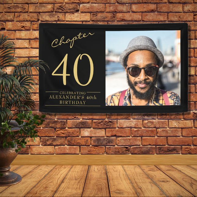 40th Birthday Black Gold Photo Banner (40th Birthday celebrations just got better with this unique personalized wall banner.)