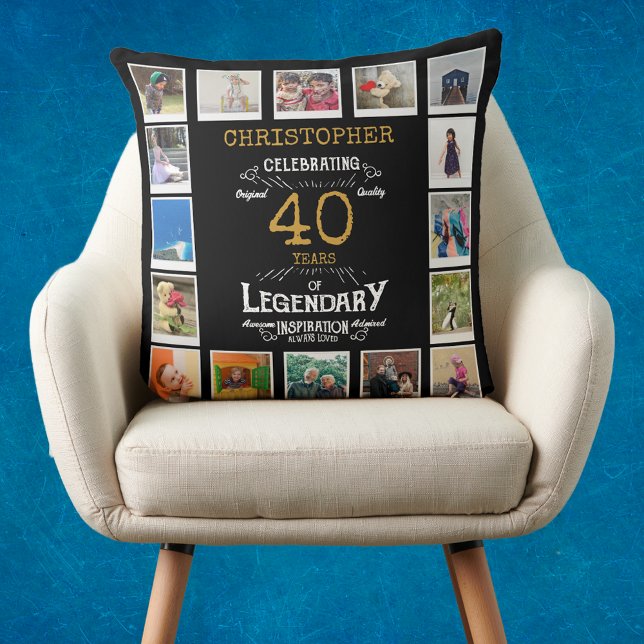 40th Birthday Black Gold Photo Collage Cushion (Personalized 40th birthday gift throw pillow with 16 photos of your choice.)