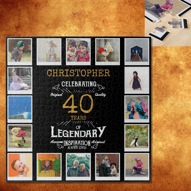 40th Birthday Black Gold Photo Collage Jigsaw Puzzle (A personalized elegant 40th birthday vintage puzzle that is easy to customize but hard to complete)