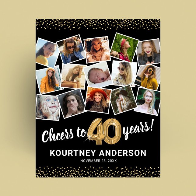 40th Birthday Black Gold Photo Party Poster (Creator Uploaded)