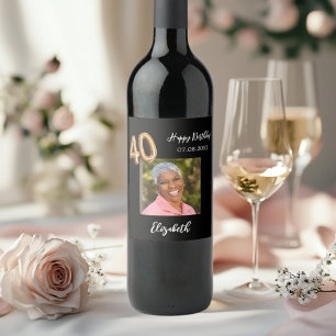 40th Birthday black gold photo Wine Label
