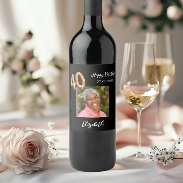 40th Birthday black gold photo Wine Label (Creator Uploaded)