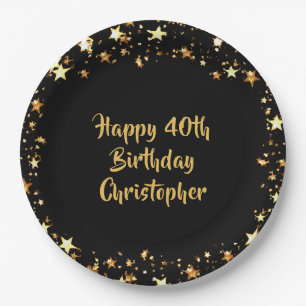 40th Birthday Black Gold Stars Name Paper Plate