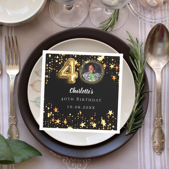 40th birthday black gold stars photo napkin (Creator Uploaded)