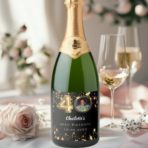 40th birthday black gold stars photo sparkling wine label