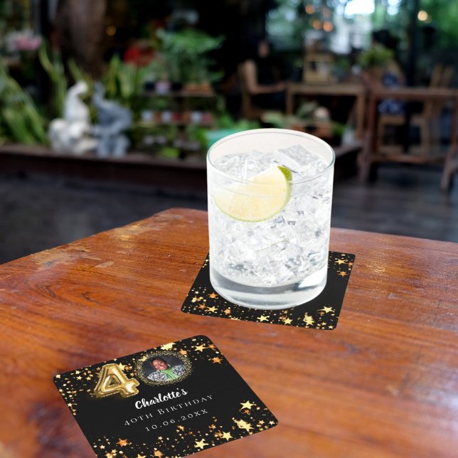 40th birthday black gold stars photo square paper coaster (Creator Uploaded)